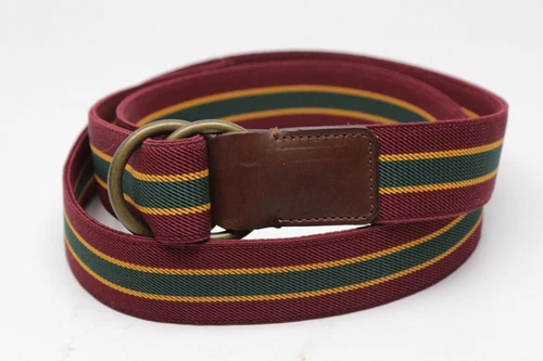 Regimental Stripe O-Ring Belt Mens L Maroon Green Gold Elastic Leather Brass