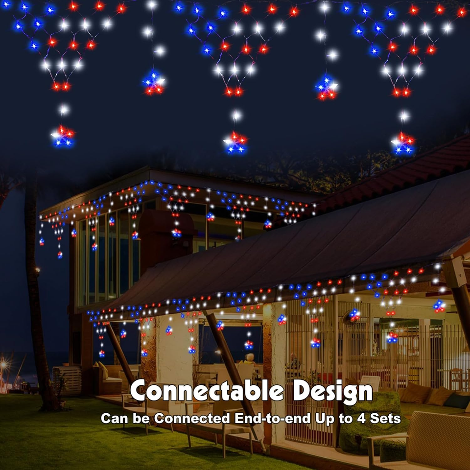 4Th of July Lights 13.8Ft 200 LED Red White Blue Net Lights with 12