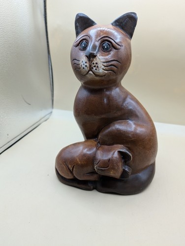 Vintage Hand Carved Wooden Cat & Kitten Mother 11 X 7 Thailand RARE! - Picture 3 of 10
