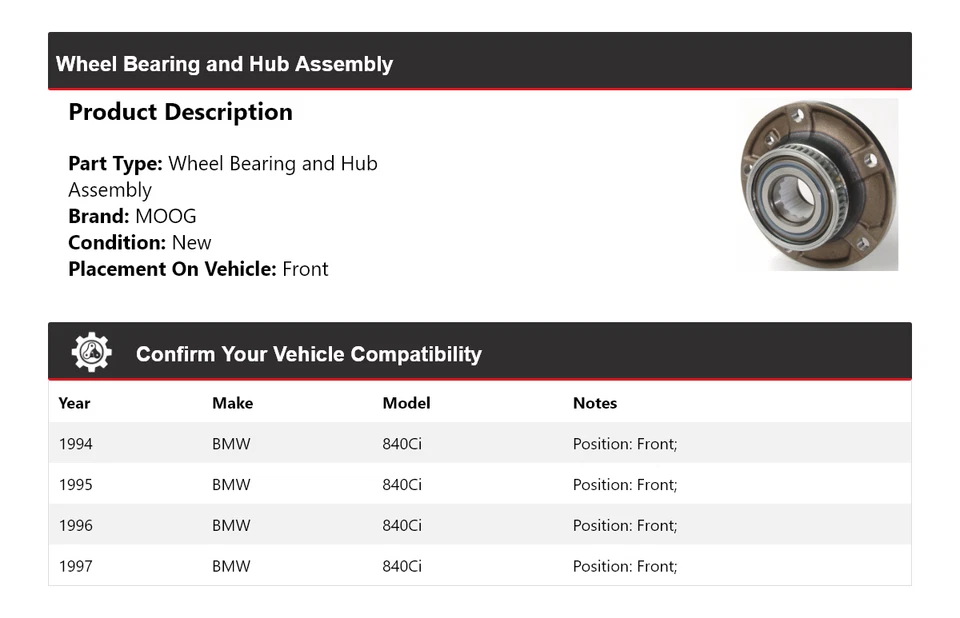 For 1994-1997 BMW 840Ci Wheel Bearing and Hub Assembly Front MOOG 1994 1995 1996 - Image 2 of 4