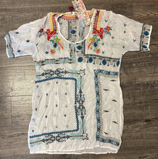 Johnny Was White Floral Embroidered Boho Tunic Top Cupra Rayon NWT Size S