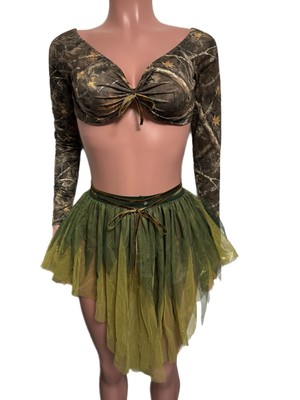 Fairycore Forest Green Strappy Skirt Set Crop Top Micro Mini Skirt New Cosplay