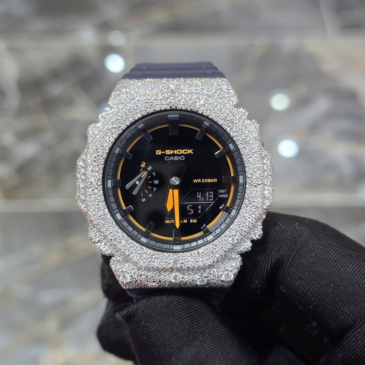 Casio G-Shock GA-2100K Orange Black Dial Iced Out Moissanite Mod