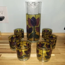 Vintage MCM West Virginia Glass Tulip Design Pitcher/Glasses Set Lemonade Tea