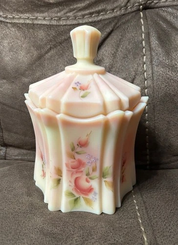 Fenton Burmese HP Cabbage Roses Candy Jar with Lid Shelly Hopkins