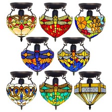 10 Inch Tiffany Inspired Ceiling Light Handcrafted Stained Glass Shade Semi-Flus