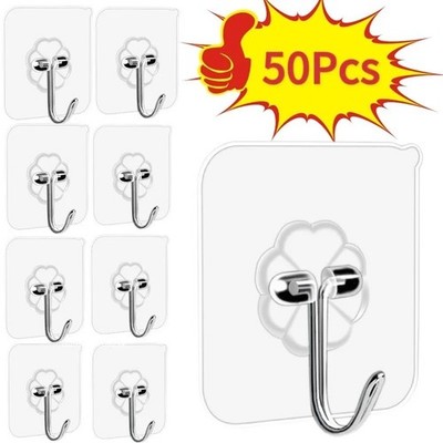 Transparent Self Adhesive Wall Hooks Heavy Duty Towel Key Holder 1-50PCS