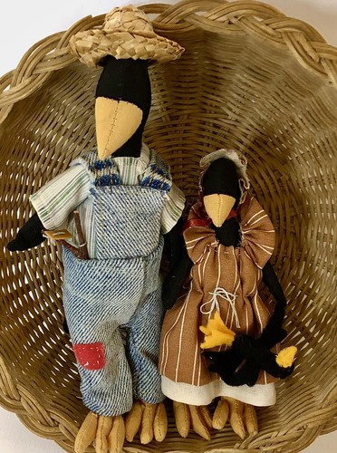Black Bird Crow Magpie Pair Rag Dolls Shelf Sitters Bubby Sissy 8” 6”