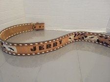 Vintage Tony Lama Western Hand Tooled Leather Belt Jerry Engraved Blue Brown