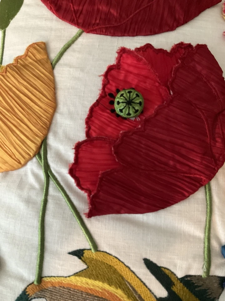 Mackenzie Childs Upscale RED POPPY 20"x20" Square PILLOW, Embroidered - Image 3 of 4