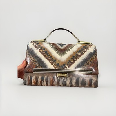 Pheasant Feather Top Handle Bag Brown Beige Cream Feather Gold Hardware Mirror
