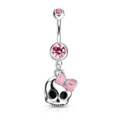 316L Surgical Steel Cute Skull With Paved Gem and Epoxy Bow Belly Button Ring