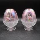 Fenton Fairy Lamp Beaded Daisy Pink Top Iridescent W/ Painted Roses - PAIR OF 2