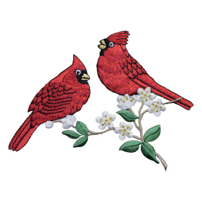 Two Cardinal Birds Applique Patch - Branch, Flowers 5.25'' (Iron on)