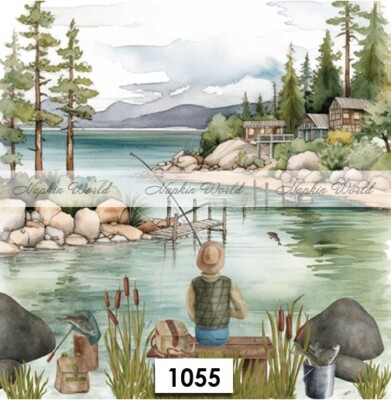 (1055) TWO Paper LUNCHEON Decoupage Art Craft Napkins - FISHING FISHERMAN LAKE