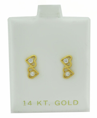 DOUBLE HEART LAB-CREATED WHITE SAPPHIRES STUD EARRINGS 14k GOLD - New With Tag
