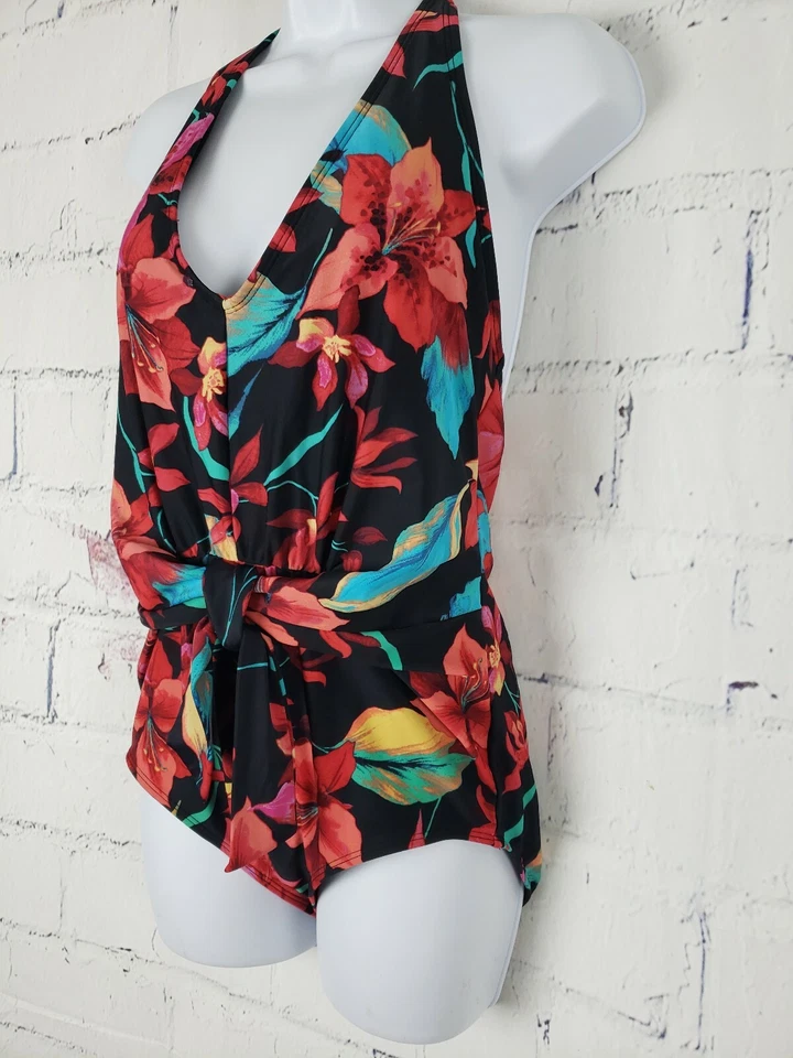 Traje de baño Tropical Escape de una pieza talla 12 multicolor floral halter corbata frontal Foto 3 de 4