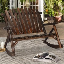 Wooden Double Adirondack Rocker Patio Loveseat 2 Seat Log Double Rocking Chair