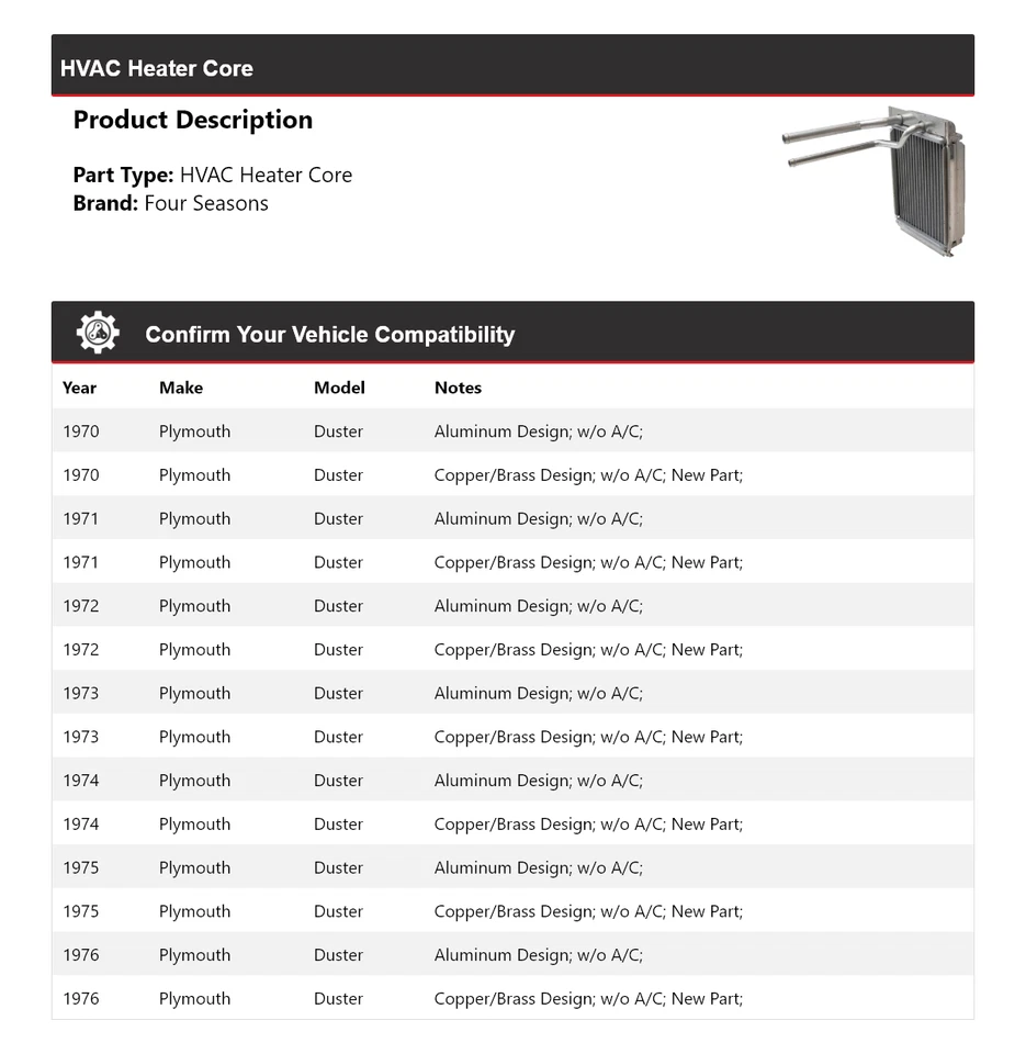 For 1970-1976 Plymouth Duster HVAC Heater Core 4 Seasons 1971 1972 1973 1974 - Image 2 of 3