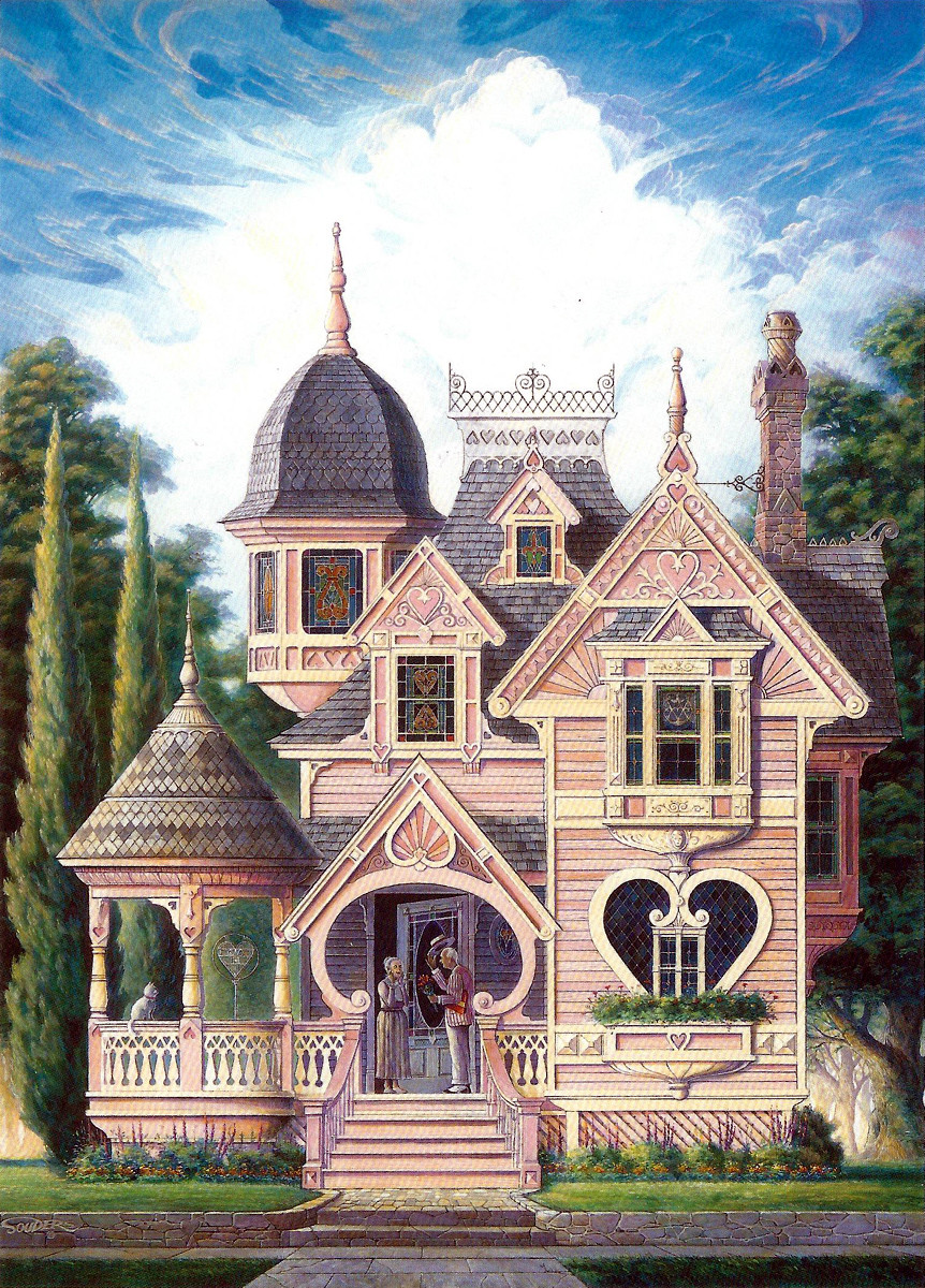 Victorian Queen Anne Gingerbread Valentine Heart House Art Cat