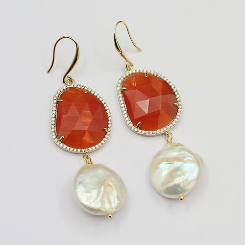 Orange Cat eye CZ Paved White Keshi Coin Pearl Dangle Hook Earrings For Women - Picture 7 of 7
