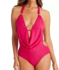 Bar III Womens Solid Cowlneck One-Piece Swimsuit, Ruby, XS NWT