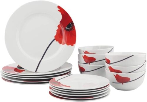 18-Piece Kitchen Dinnerware Set Plates Dishes Bowls Service for 6 Poppy - Picture 1 of 7