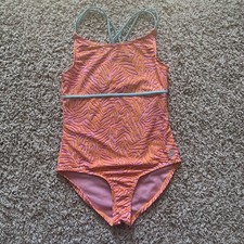 BRANDNEW Girls Spyder Large 12/14 One Piece Orange/Pink Swimsuit w Teal Straps