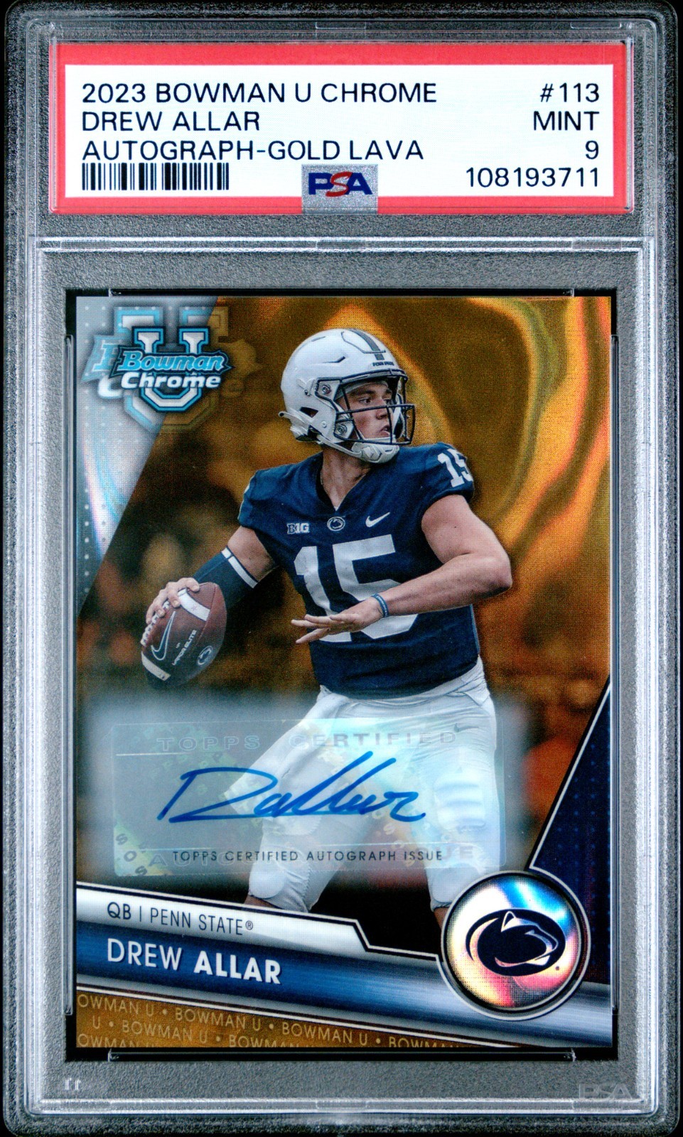 AUTO #/50 2023 Bowman U Chrome #113 Drew Allar - Gold Lava Refractor PSA 9