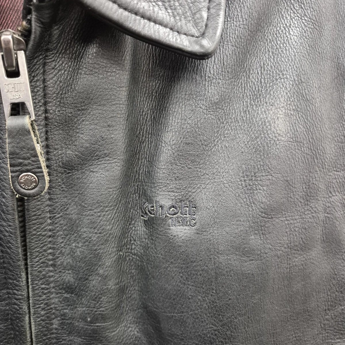 Chaqueta Bomber Schott Vintage Cuero Talla M Negra Acolchada Forrada Bolsillos con Cremallera EE. UU.