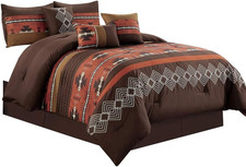 7 Piece Western Southwestern Native American Design Comforter Set Coffee Brown Q