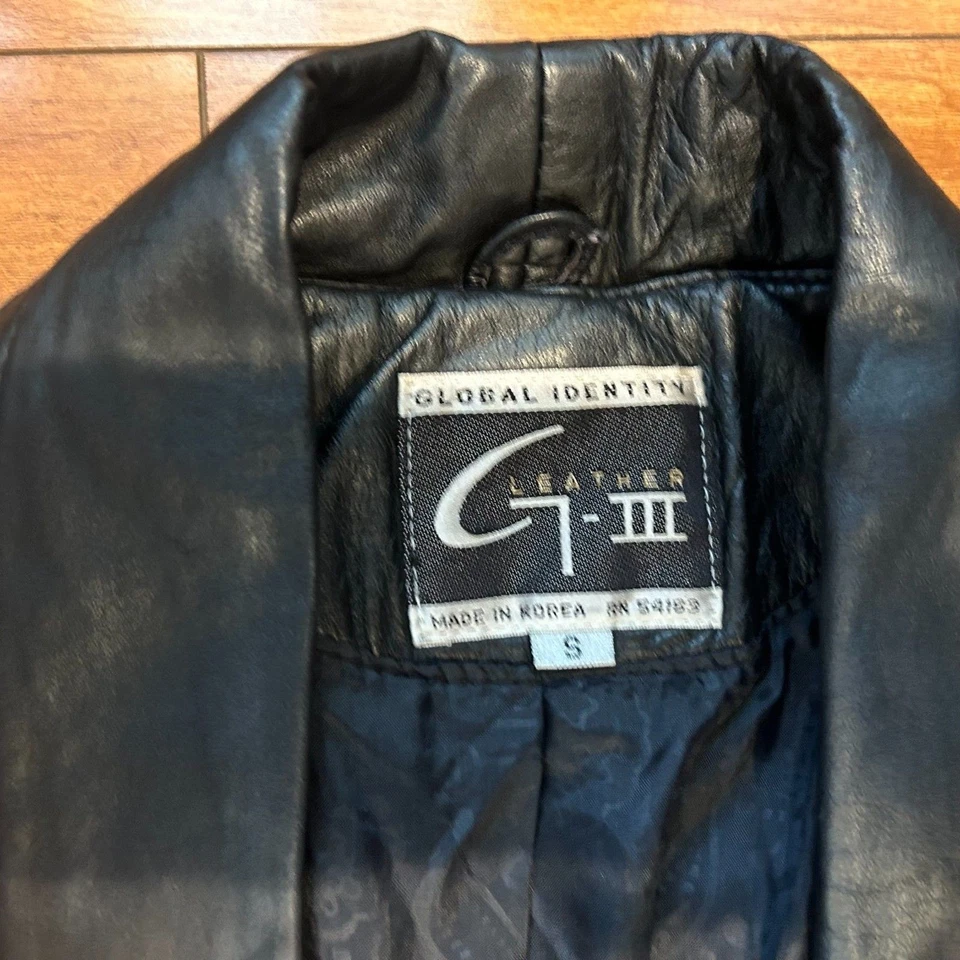 Gabardina de cuero vintage G-III negra chaqueta larga identidad global Corea S Foto 4 de 4