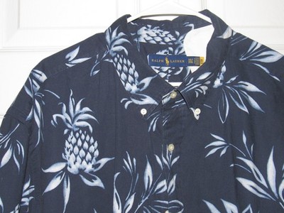 RALPH LAUREN Men's 3XLT Blue Button Up Shirt Pineapple Print Short Sleeve Cotton