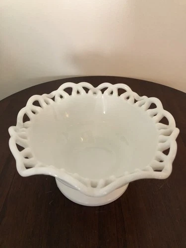 Vintage White Milk Glass Pedestal Candy Dish Bowl Lace Edge 7” Farmhouse Cottage