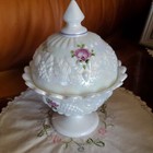WESTMORELAND OPALESCENT Glass Lid ROSES & BOWS Candy Dish Hd Painted SIGNED 1981 — photo 4