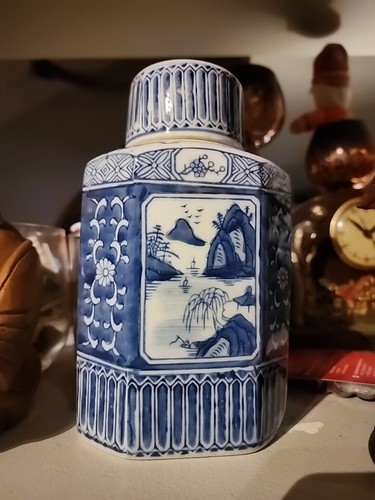 Vintage chinesisches Porzellan blau weiß Bergszene Ingwer Glas 10"