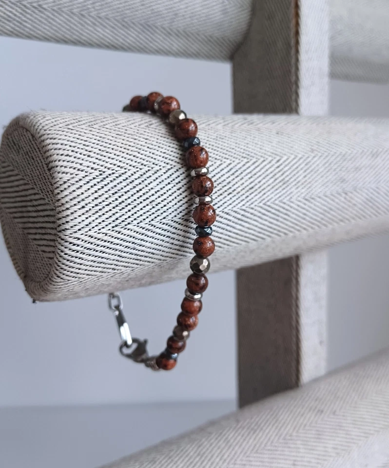 Recién Llegados - Hombre Oro Arenas Jaspe Piedra con Plata Acero Inoxidable Pulsera Foto 3 de 4