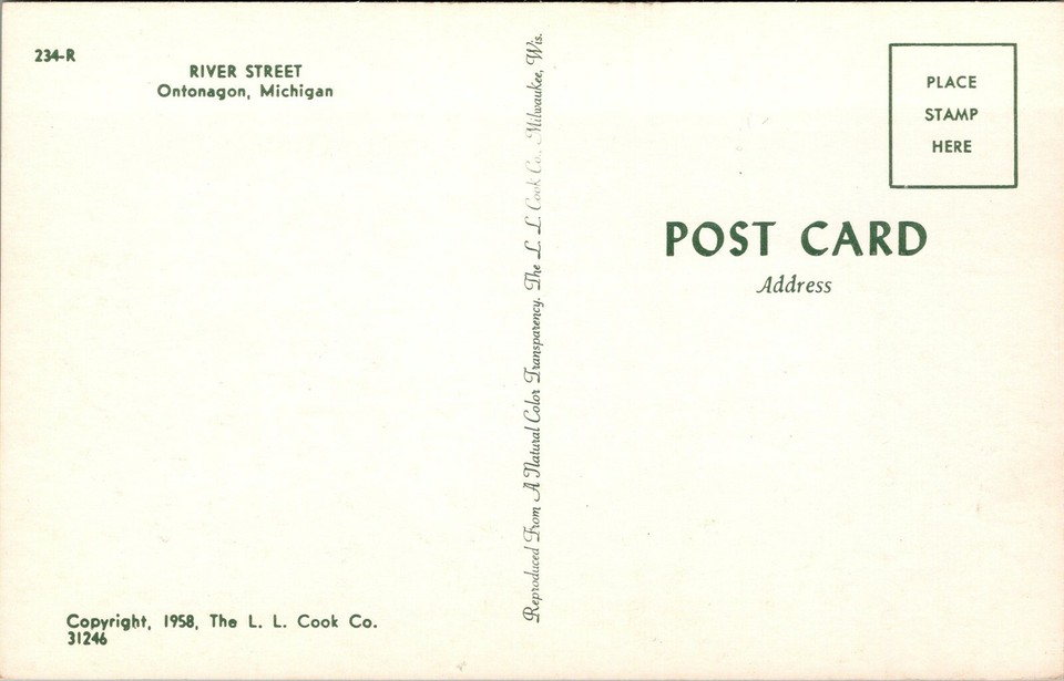 Vtg Ontonagon MI River Street View Old Cars Drug Store Shops 1950s