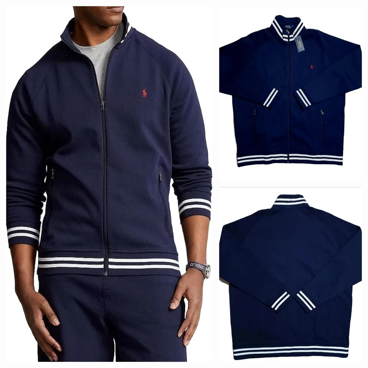 New Polo Ralph Lauren Big & Tall Navy Double Knit Contrast Stripe Track  Jacket