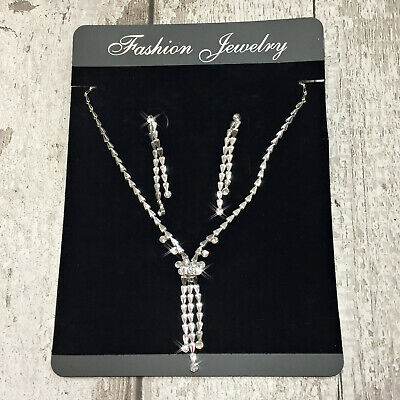 Silver colour Diamante set Necklace & earrings set wedding prom set
