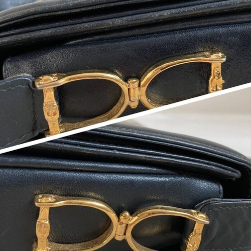 CELINE Vintage Carriage Logo Shoulder Bag Navy Gold Hardware Horse Carriage Made - Picture 9 of 11