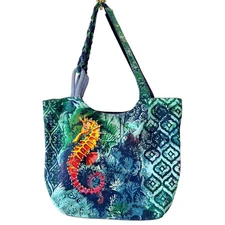 Paul Brent Blue Green Fabric Beaded Seahorse Purse Tote Bag