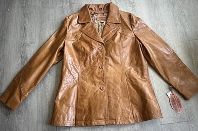 Wilsons Leather Cognac Brown Leather Blazer Jacket Women s XL Paisley NWT Y2K