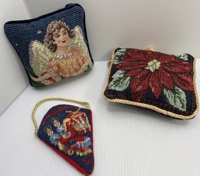 Lot Of Three Small Needlepoint Pillows Door hangers Christmas Angel Poinsettia