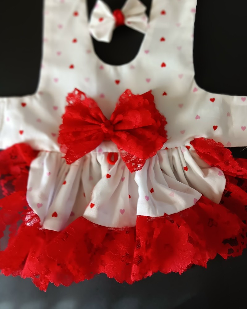 DOG HARNESS DRESS  RED Hearts WITH RED LACE       NEW HANDMADE  FREE SHIPPING