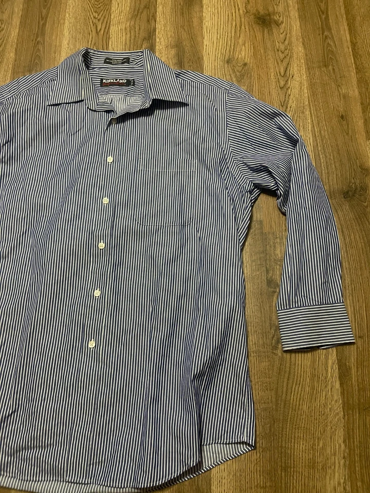 Kirkland Signature Shirt, Men's Size 16.5-32, Blue White Striped Button Up - Image 4 of 4