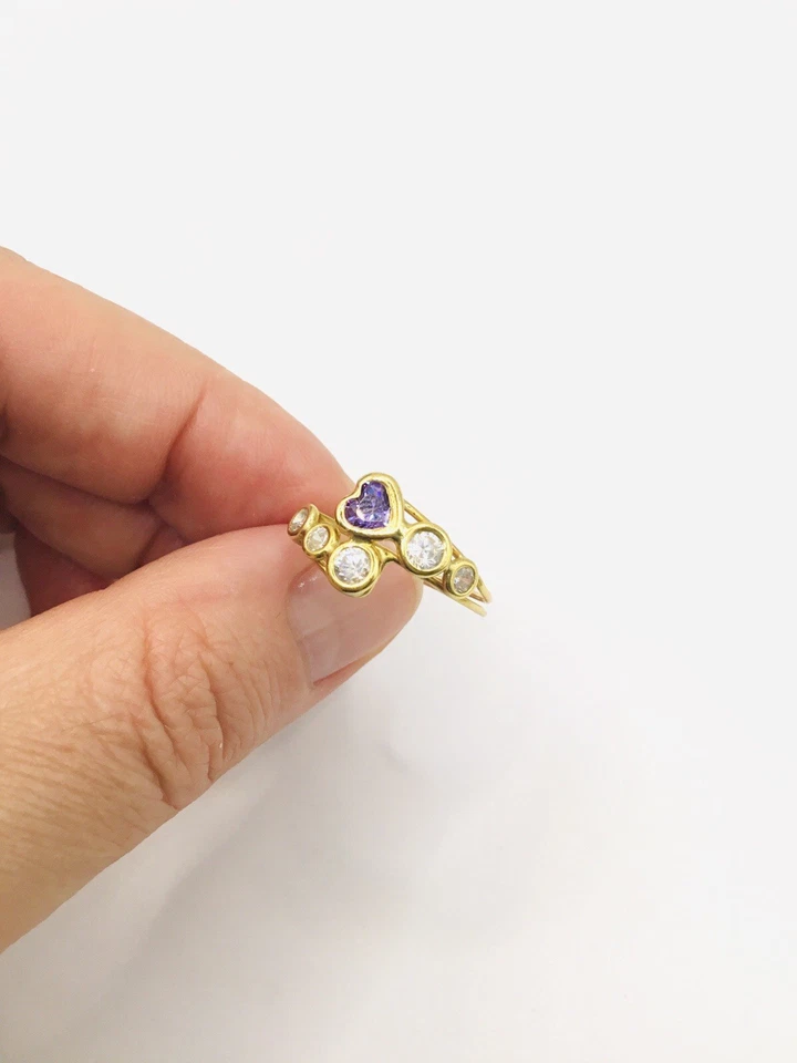 Anillo de oro amarillo de 18 quilates con piedras de circonita cúbica corazón púrpura talla 6,5, 1,8 g promesa cumpleaños Foto 3 de 4