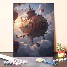 Paint by numbers kit for adults Steampunk airship among hot air balloons