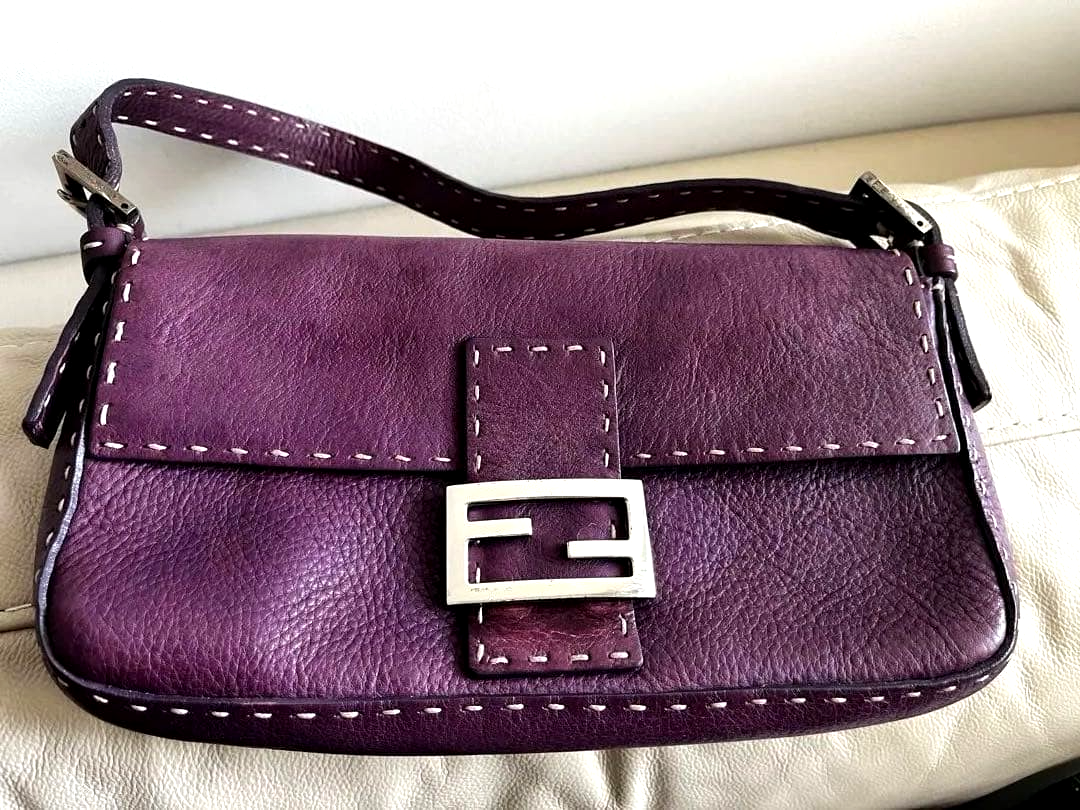 FENDI Selleria Baguette Purple Leather Shoulder Hand Bag Stitched