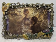 Rare Jeweled Peacock  Songbird Cast Metal Picture Frame Rhinestone Enamel 4x6